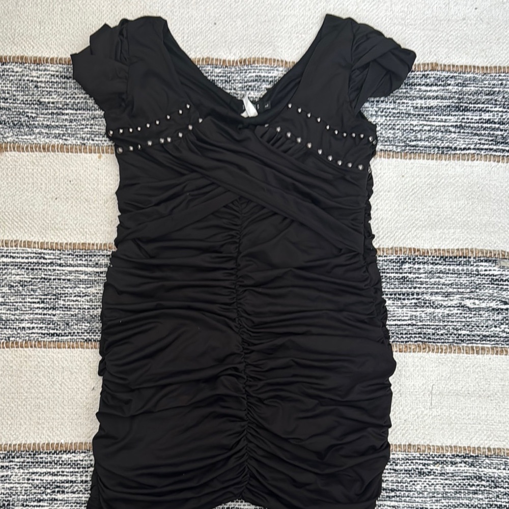 Black Embellished Ruched Bodycon Mini Dress